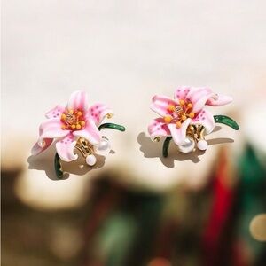 enamel lily clip-on earrings (no piercing needed).